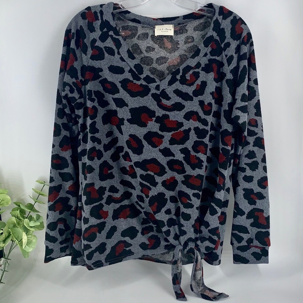 New Boutique Animal Print Front Tie V-Neck Top
